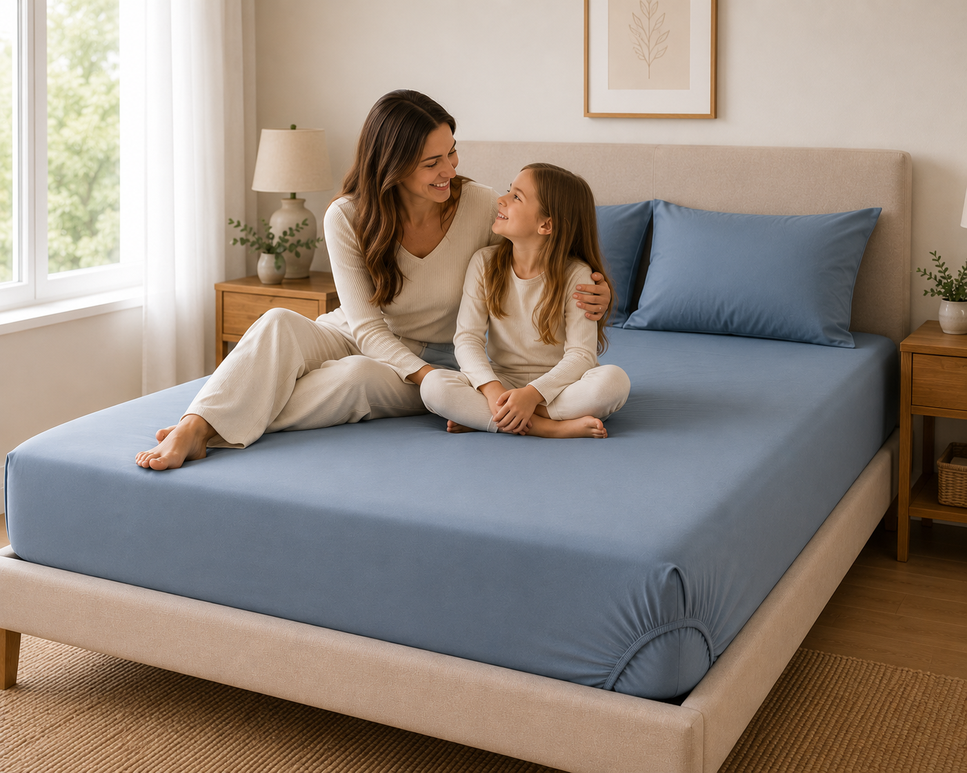 Luxury Denim Blue Microfibre Fitted Sheet Set with 2 Pillowcases