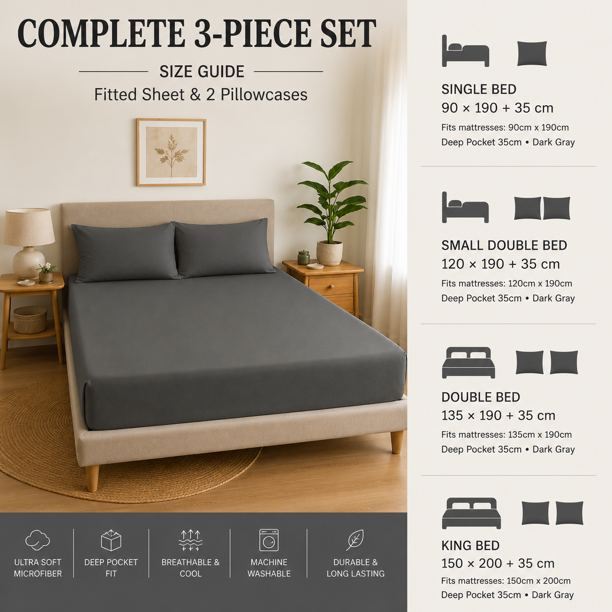 Premium Dark Grey Microfibre Fitted Sheet Set with 2 Pillowcases