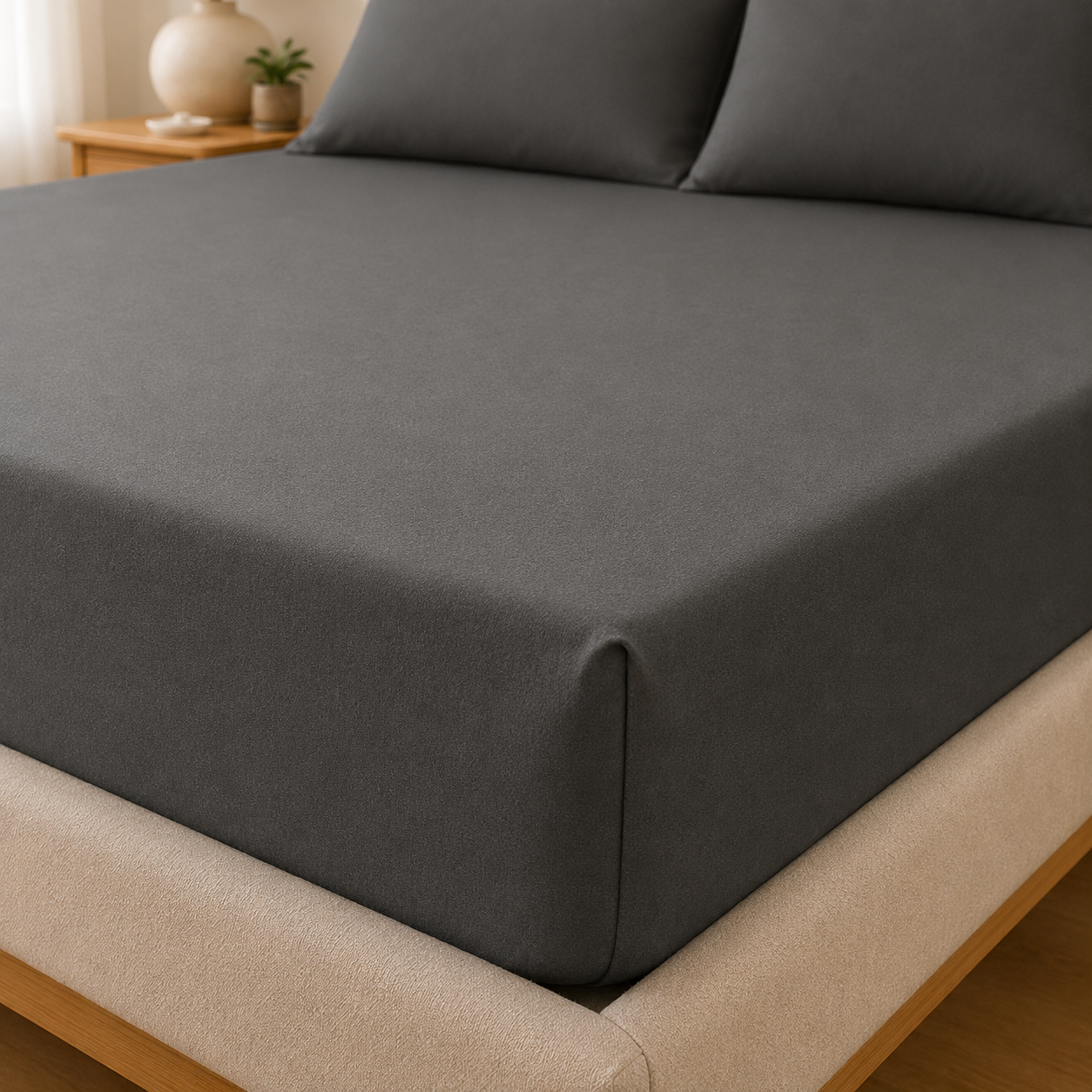 Premium Dark Grey Microfibre Fitted Sheet Set with 2 Pillowcases