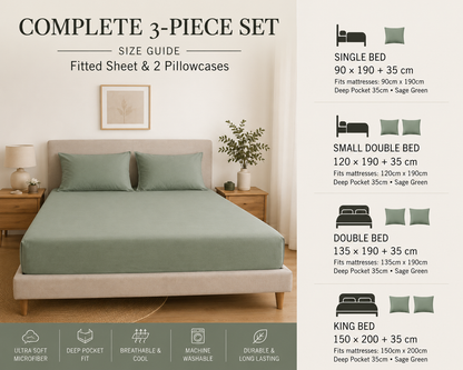 Luxury Sage Green Microfibre Fitted Sheet Set with 2 Pillowcases