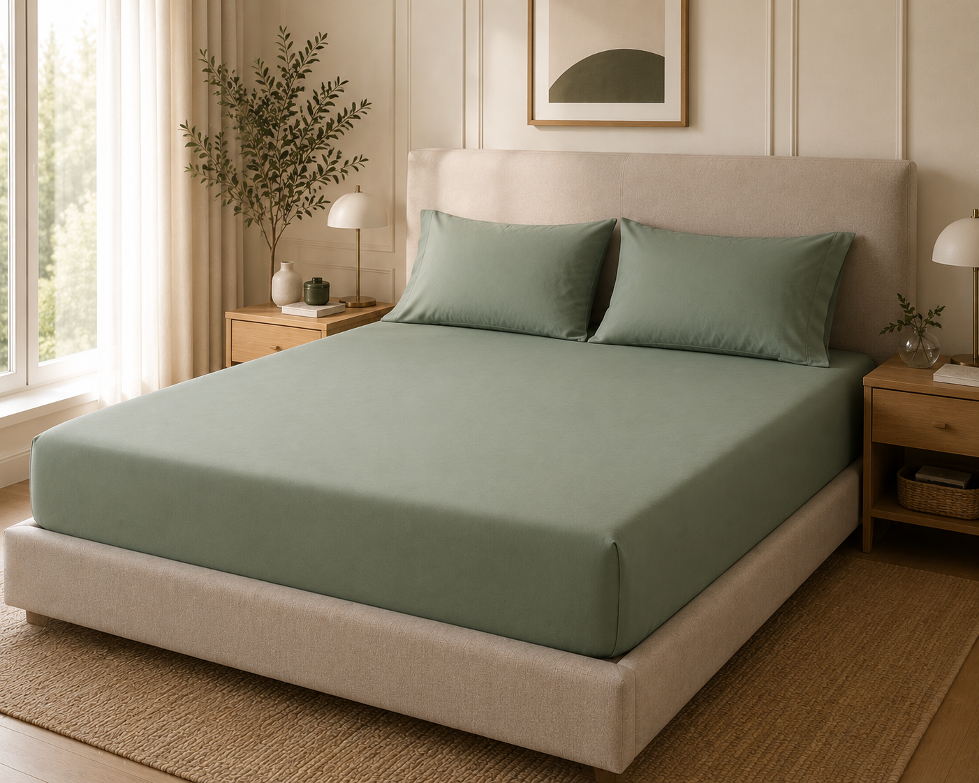Luxury Sage Green Microfibre Fitted Sheet Set with 2 Pillowcases