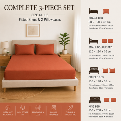 Luxury Terracotta Microfibre Fitted Sheet Set with 2 Pillowcases
