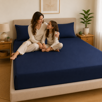 Luxury Navy Blue Microfibre Fitted Sheet Set with 2 Pillowcases