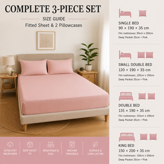 Luxury Pink Microfibre Fitted Sheet Set with 2 Pillowcases