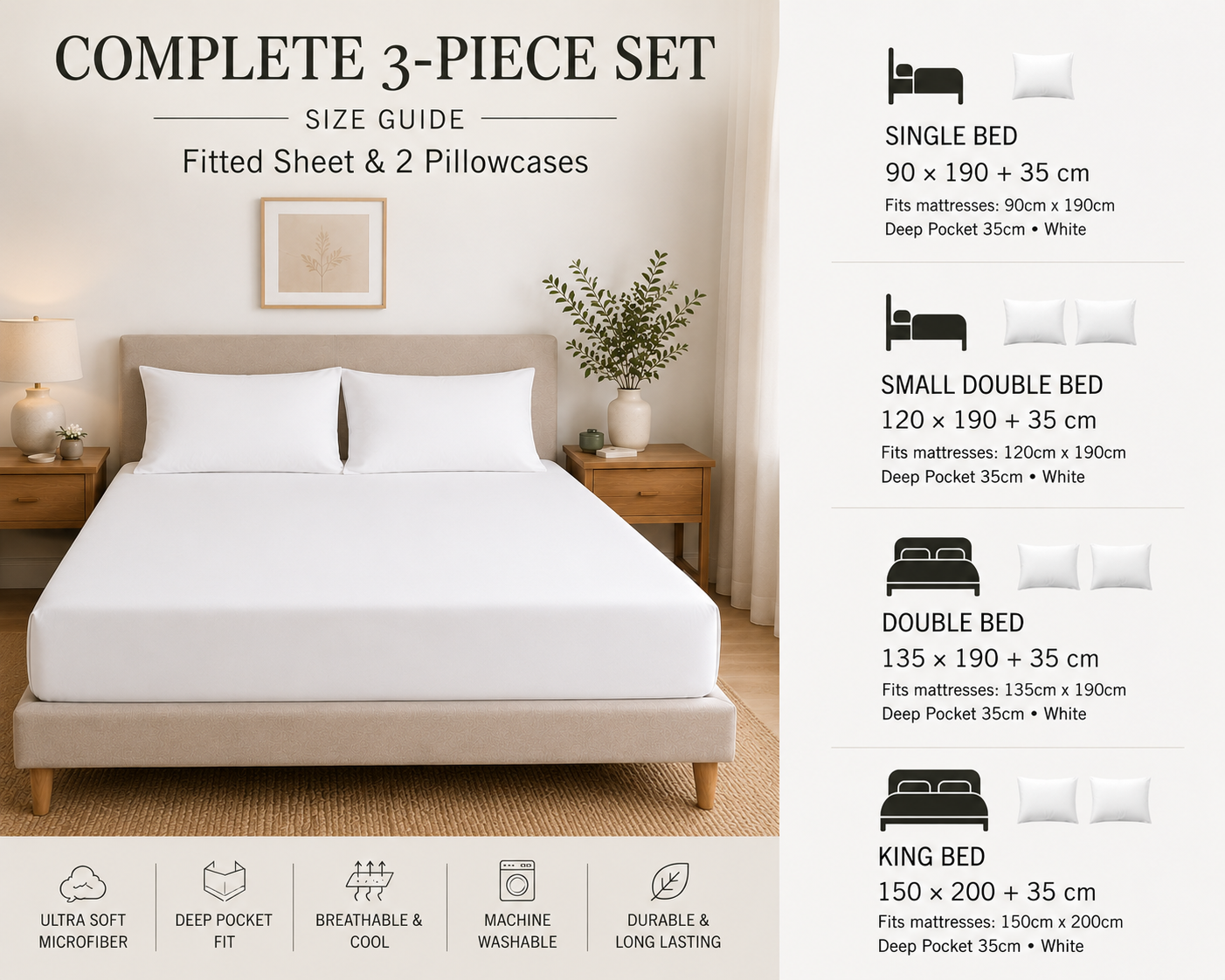 Luxury White Microfibre Fitted Sheet Set with 2 Pillowcases