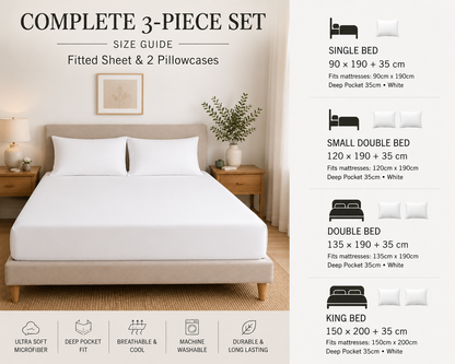 Luxury White Microfibre Fitted Sheet Set with 2 Pillowcases