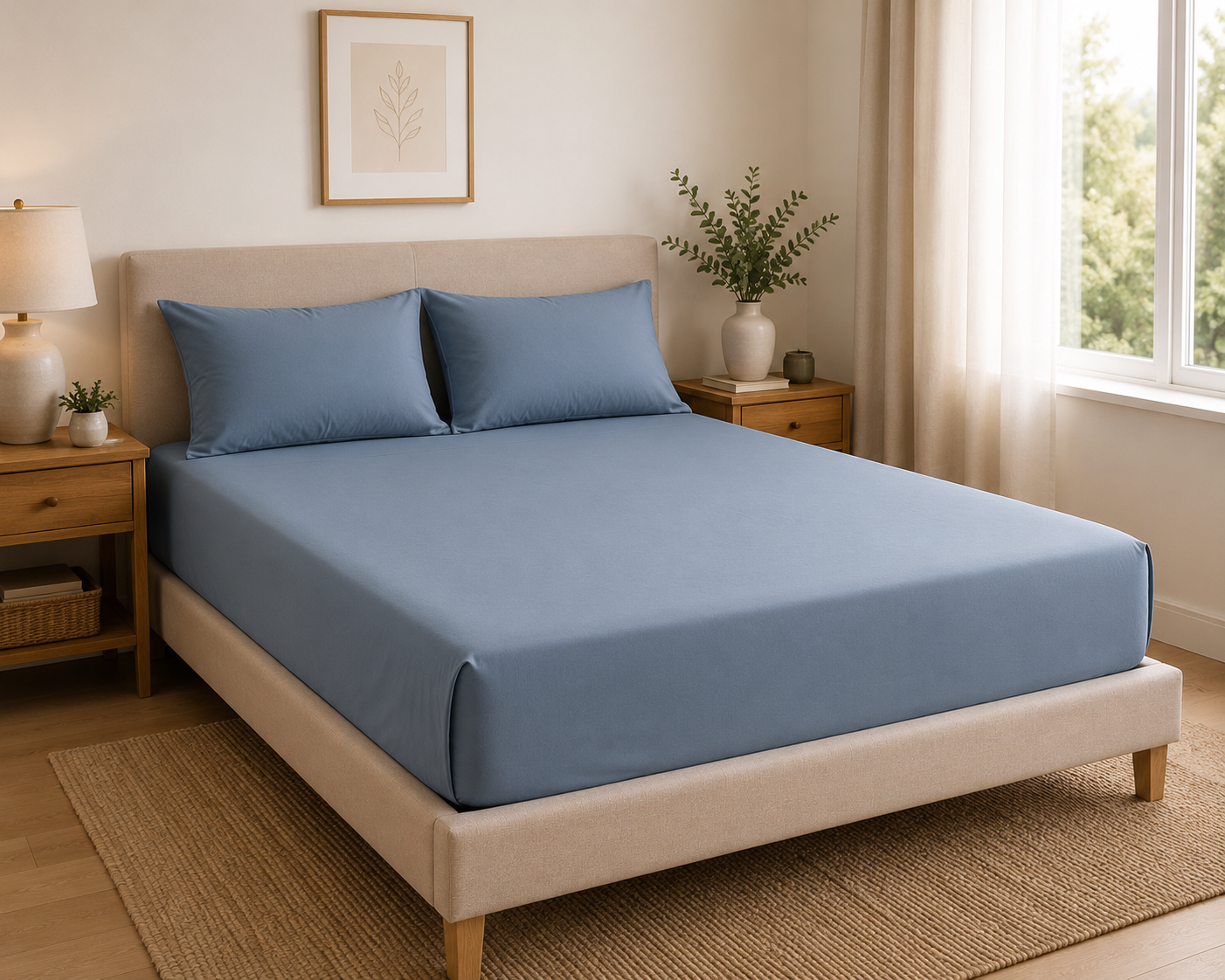 Luxury Denim Blue Microfibre Fitted Sheet Set with 2 Pillowcases