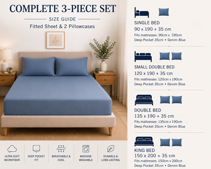 Luxury Denim Blue Microfibre Fitted Sheet Set with 2 Pillowcases