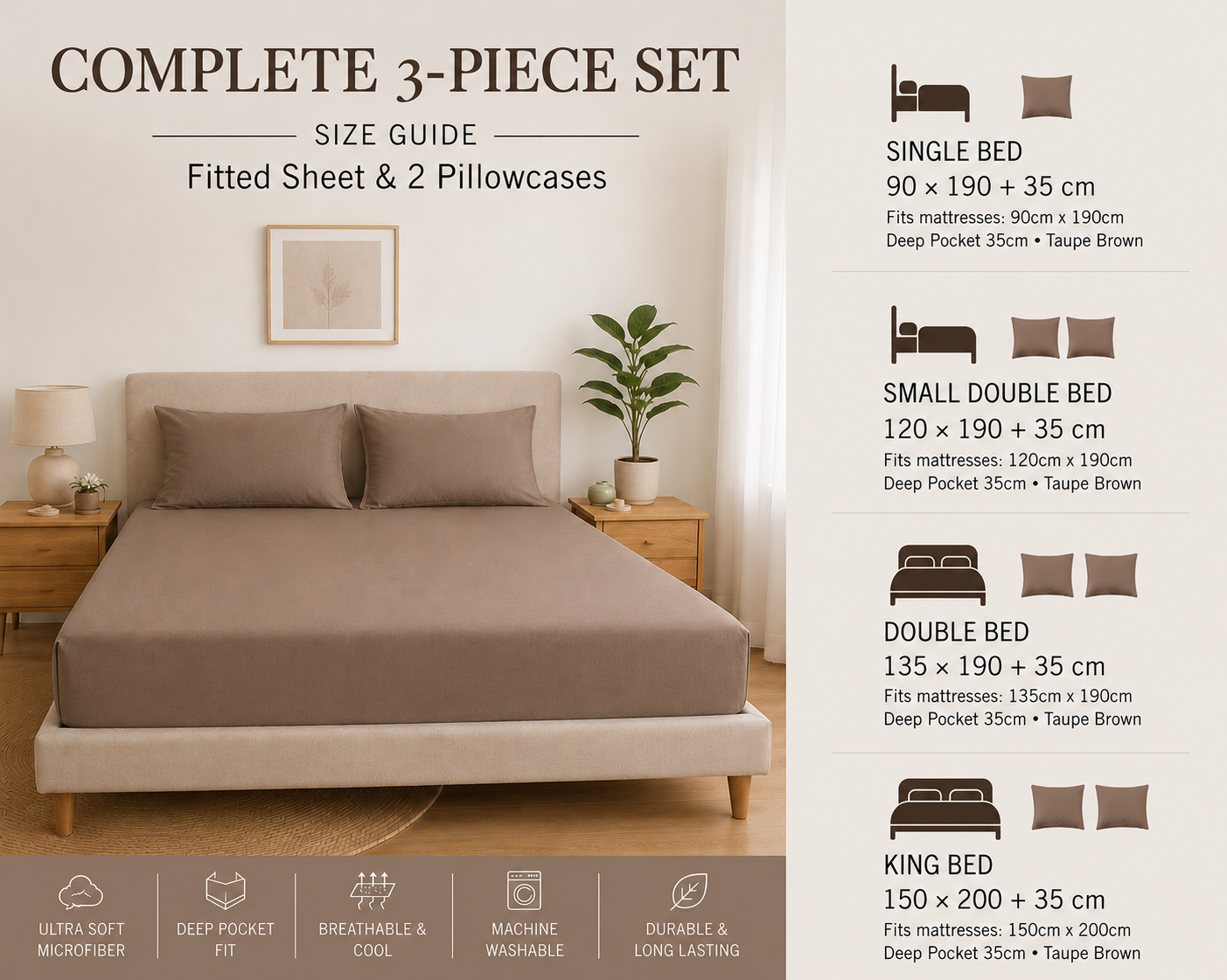 Luxury Taupe Microfibre Fitted Sheet Set with 2 Pillowcases
