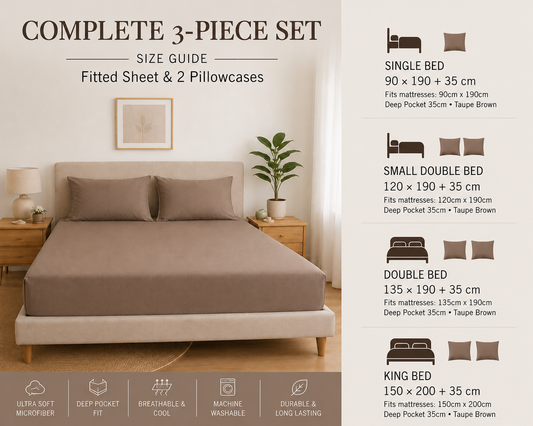 Luxury Taupe Microfibre Fitted Sheet Set with 2 Pillowcases