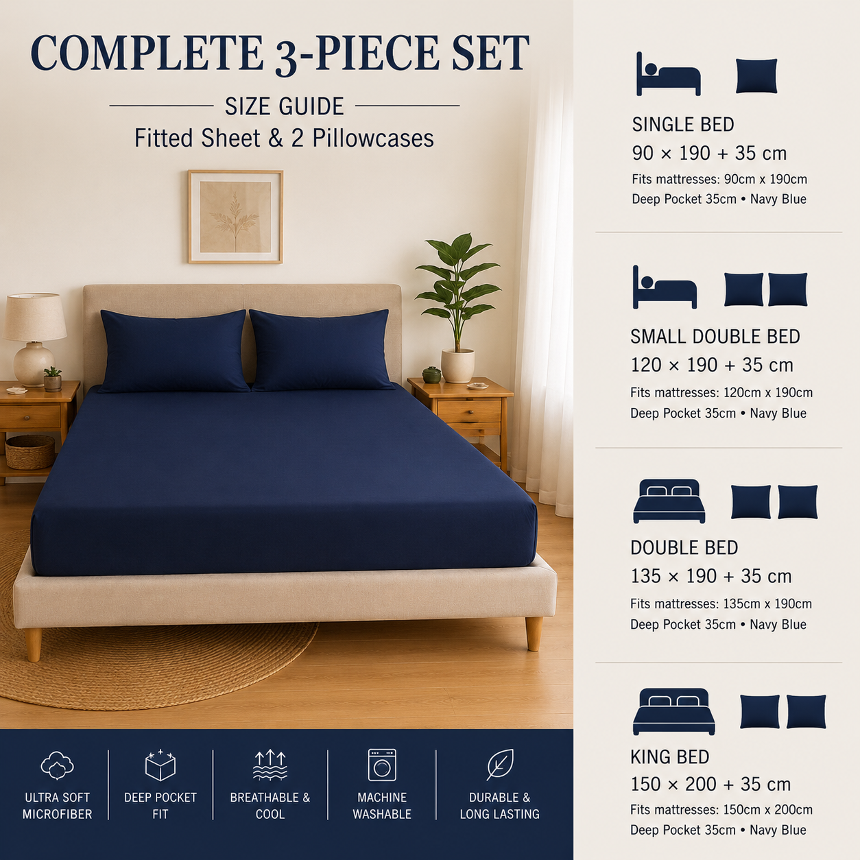 Luxury Navy Blue Microfibre Fitted Sheet Set with 2 Pillowcases