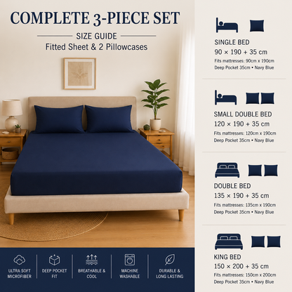 Luxury Navy Blue Microfibre Fitted Sheet Set with 2 Pillowcases