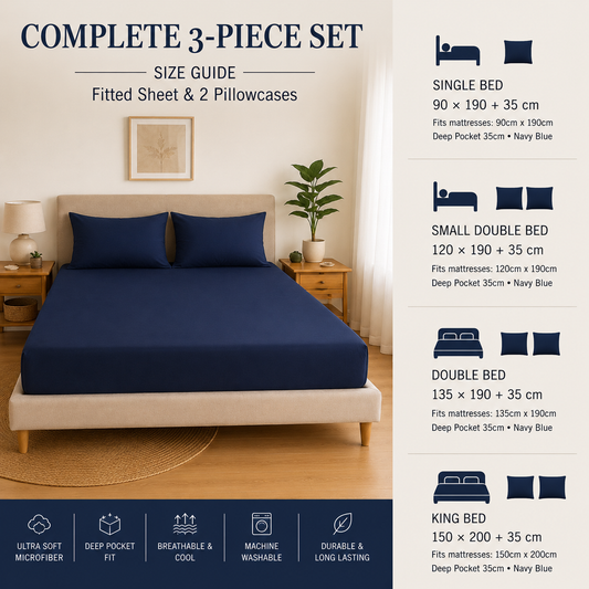 Luxury Navy Blue Microfibre Fitted Sheet Set with 2 Pillowcases