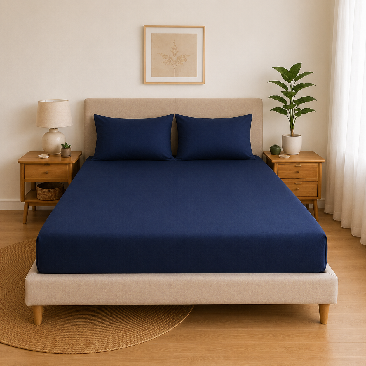 Luxury Navy Blue Microfibre Fitted Sheet Set with 2 Pillowcases