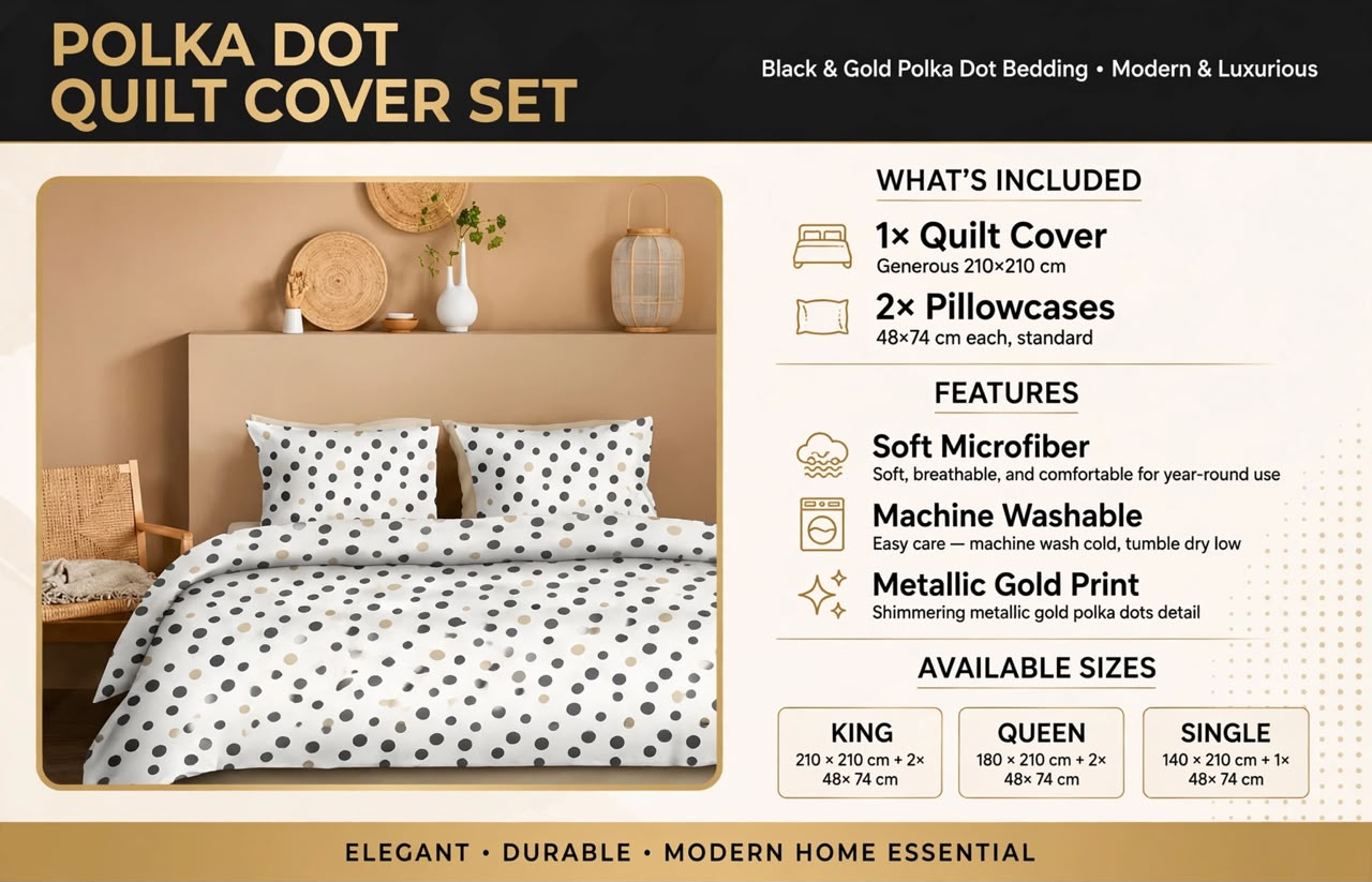 Luxury Black & Gold Polka Dot Quilt Cover Set