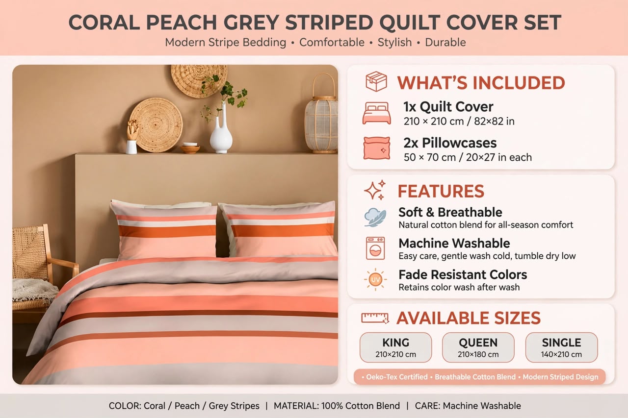 Luxury Coral Peach Grey Striped Quilt Cover Set