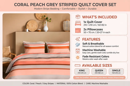 Luxury Coral Peach Grey Striped Quilt Cover Set
