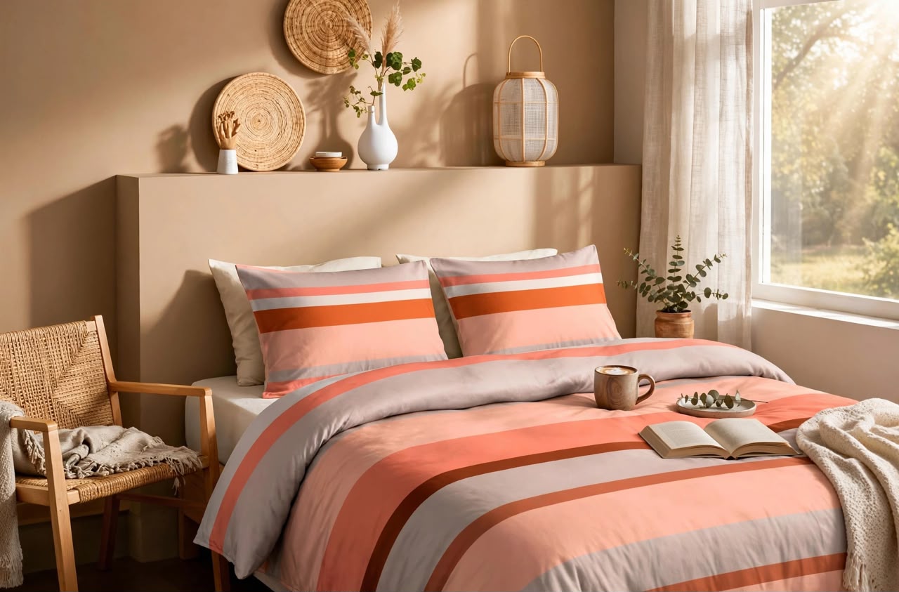Luxury Coral Peach Grey Striped Quilt Cover Set