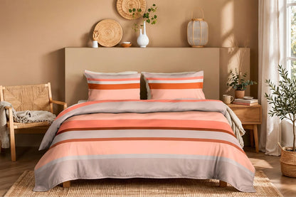Luxury Coral Peach Grey Striped Quilt Cover Set