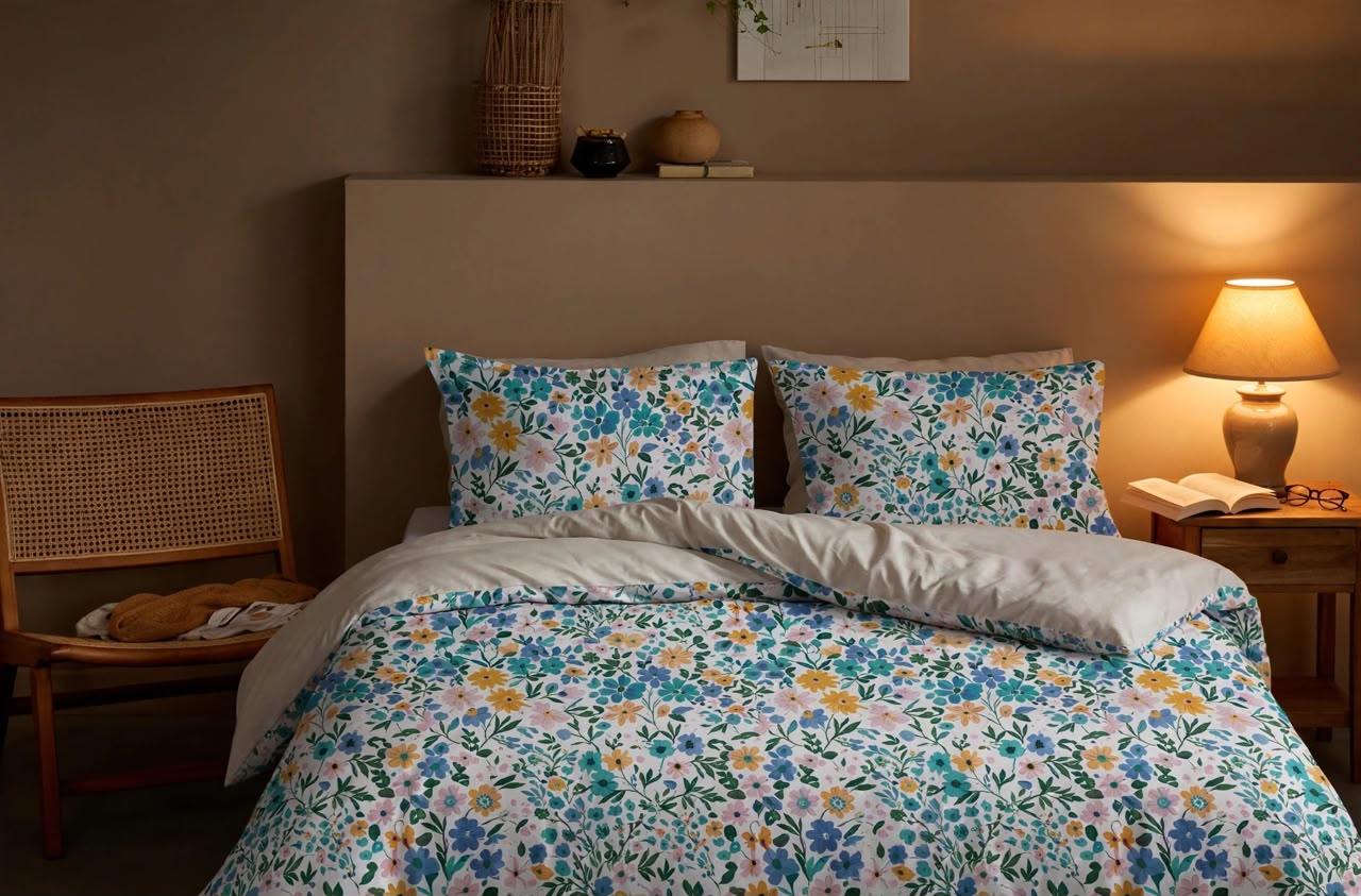Luxury Blue Teal Yellow Floral Duvet Cover Set