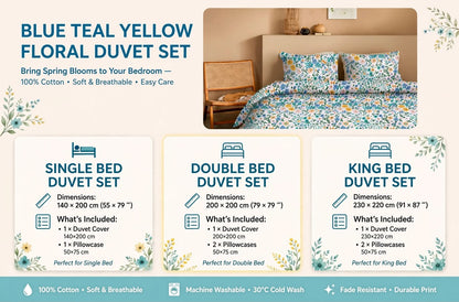 Luxury Blue Teal Yellow Floral Duvet Cover Set