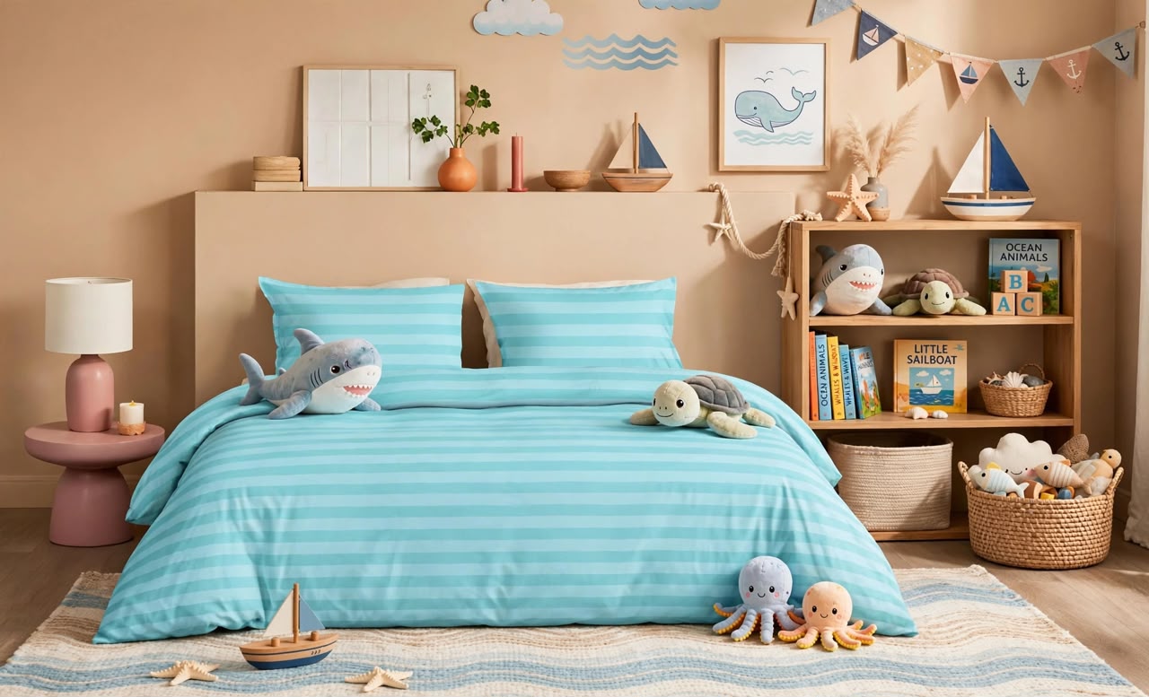 Luxury Aqua Blue Striped Duvet Cover Set
