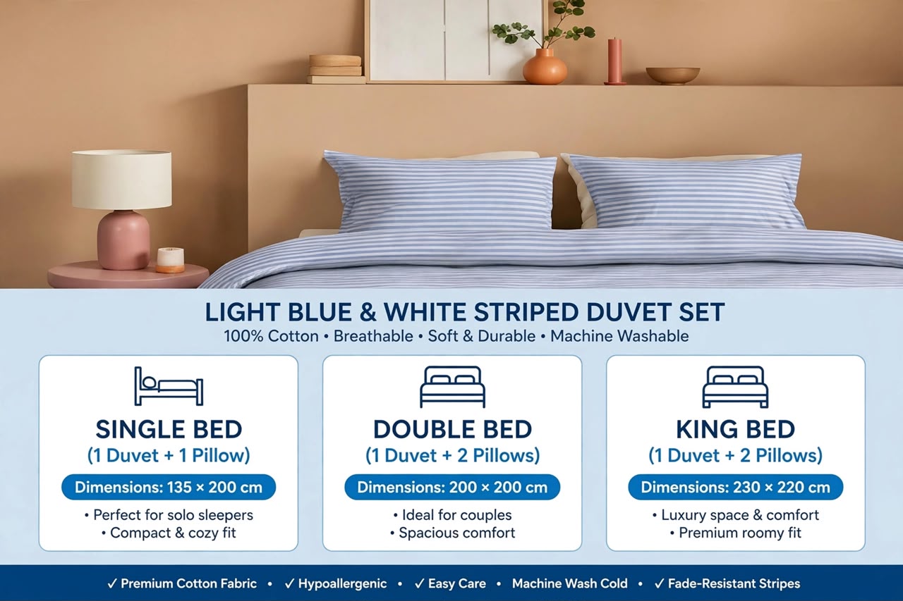 Luxury Light Blue & White Striped Duvet Cover Set