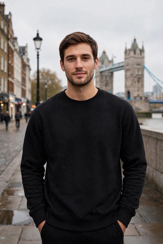 Premium Black Crew Neck Sweatshirt for Men | Soft Cotton Blend Casual Sweatshirt