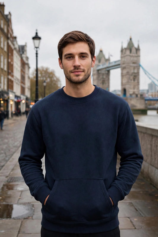 Premium Navy Blue Crew Neck Sweatshirt for Men | Soft Cotton Blend Casual Sweatshirt