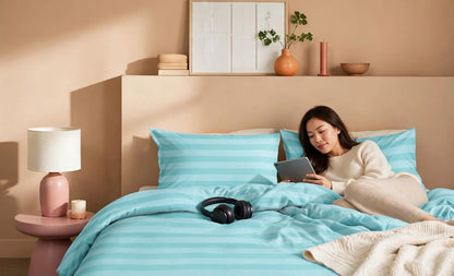 Luxury Aqua Blue Striped Duvet Cover Set