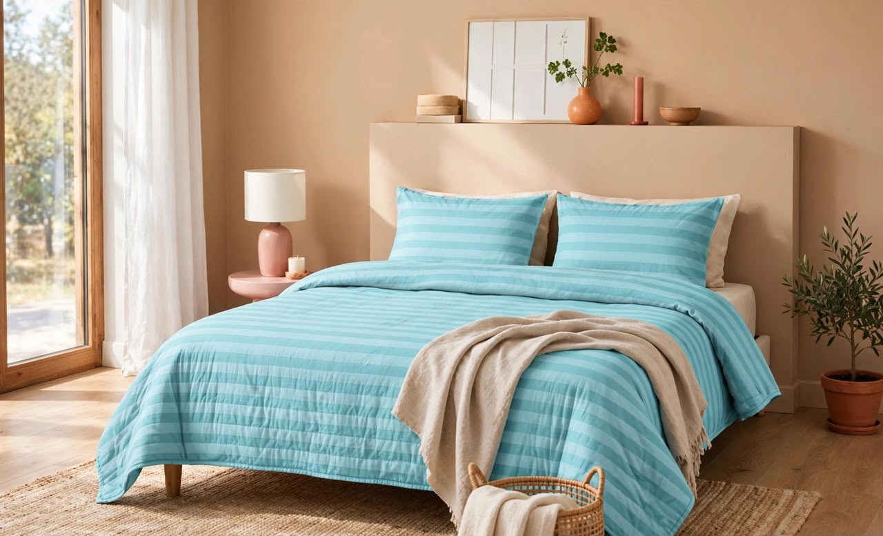 Luxury Aqua Blue Striped Duvet Cover Set