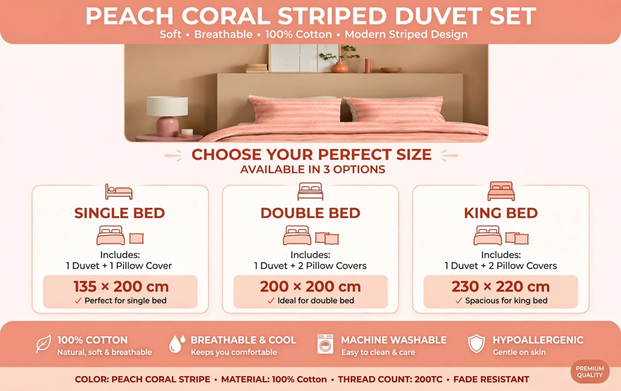 Luxury Peach Coral Striped Duvet Cover Set