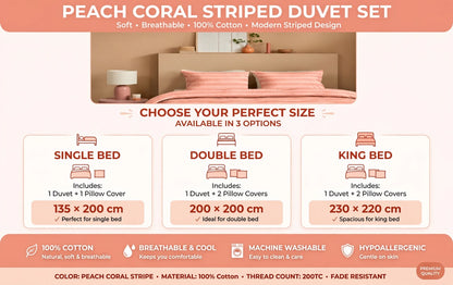 Luxury Peach Coral Striped Duvet Cover Set