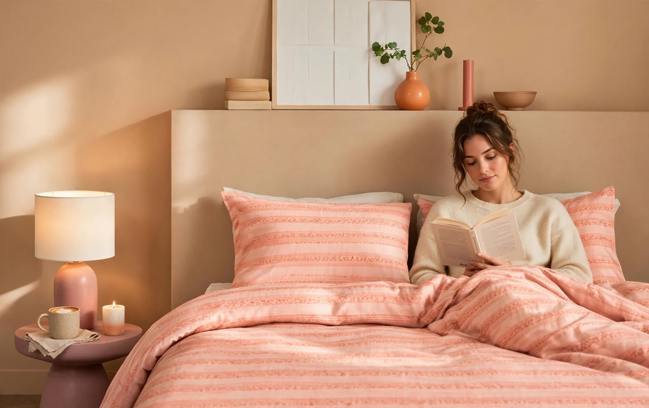 Luxury Peach Coral Striped Duvet Cover Set